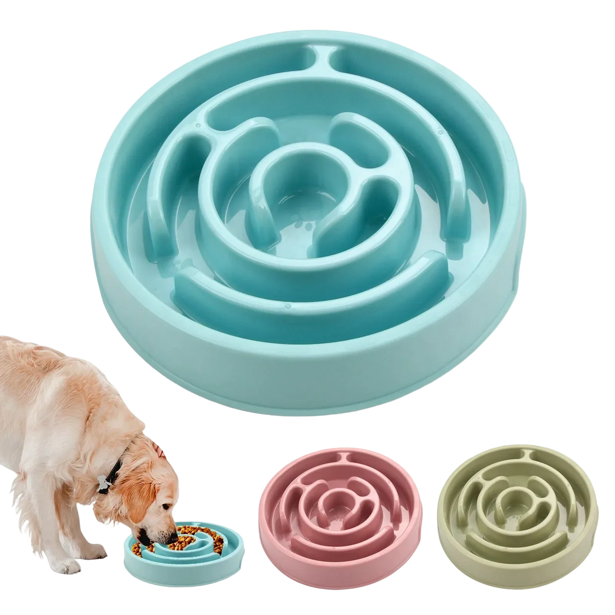 Round maze slow feeder bowl in blue, pink and green with a dog eating from it