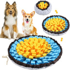 Yellow snuffle bowl mat with two dogs