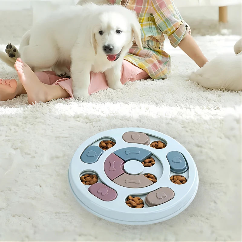 Puppy next to a round puzzle feeder