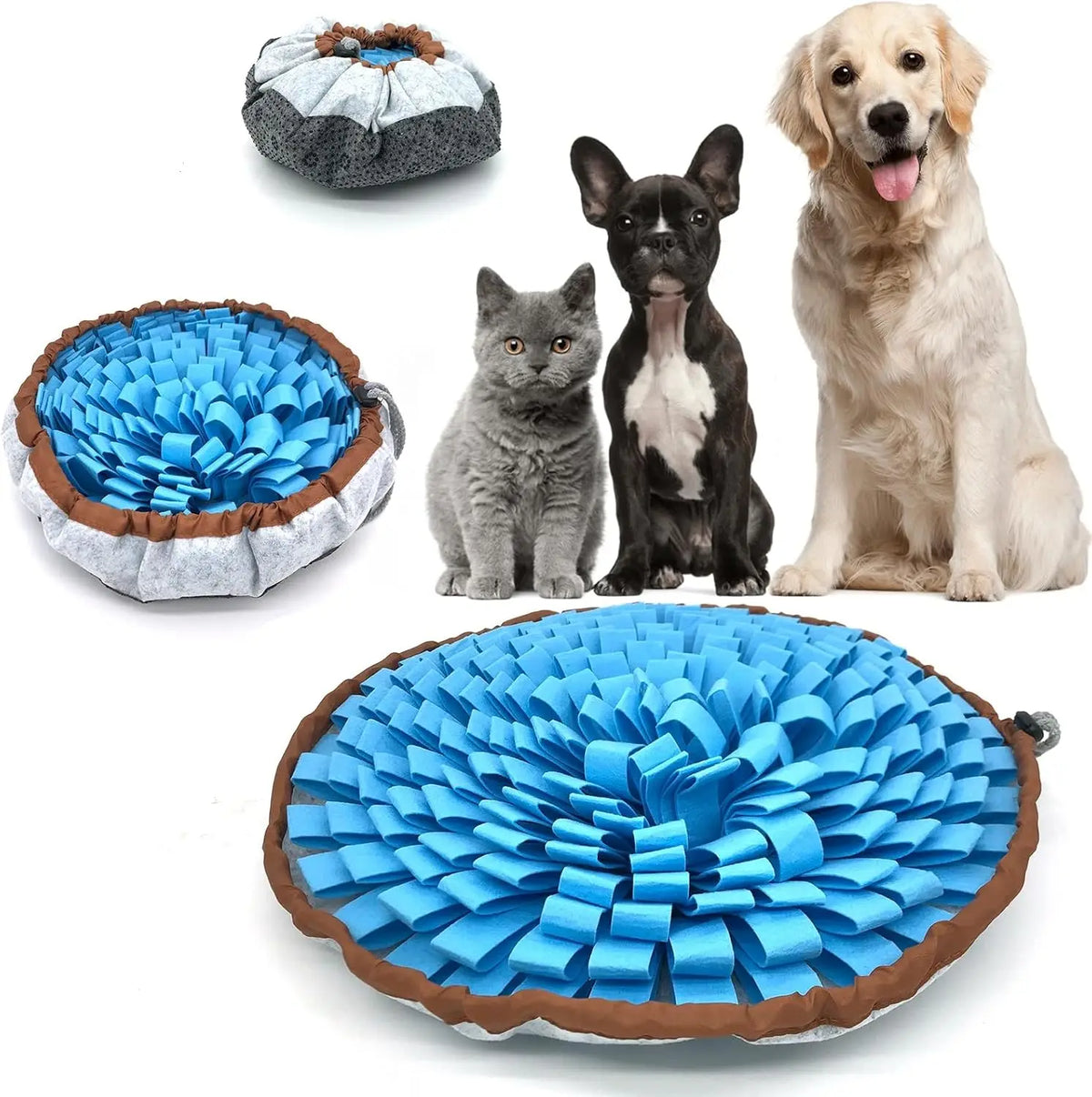 Snuffle bowl mat shown as a mat, bowl and storage pouch with dogs and a cat