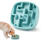 Blue square maze slow feeder bowl with a dog eating from a matching bowl