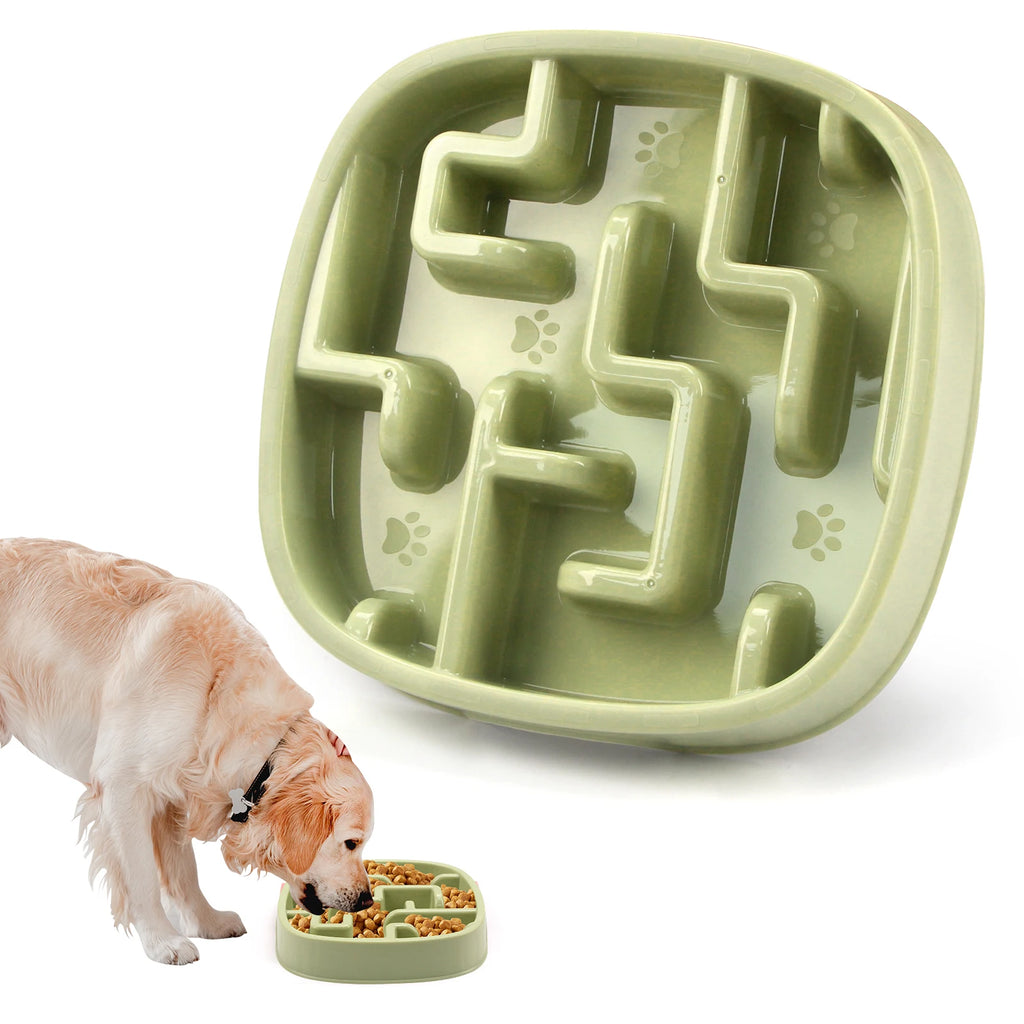 Green square maze slow feeder bowl with a dog eating from a matching bowl