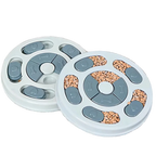 Two round puzzle feeders filled with kibble