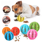 Rubber treat balls in assorted colors with kibble
