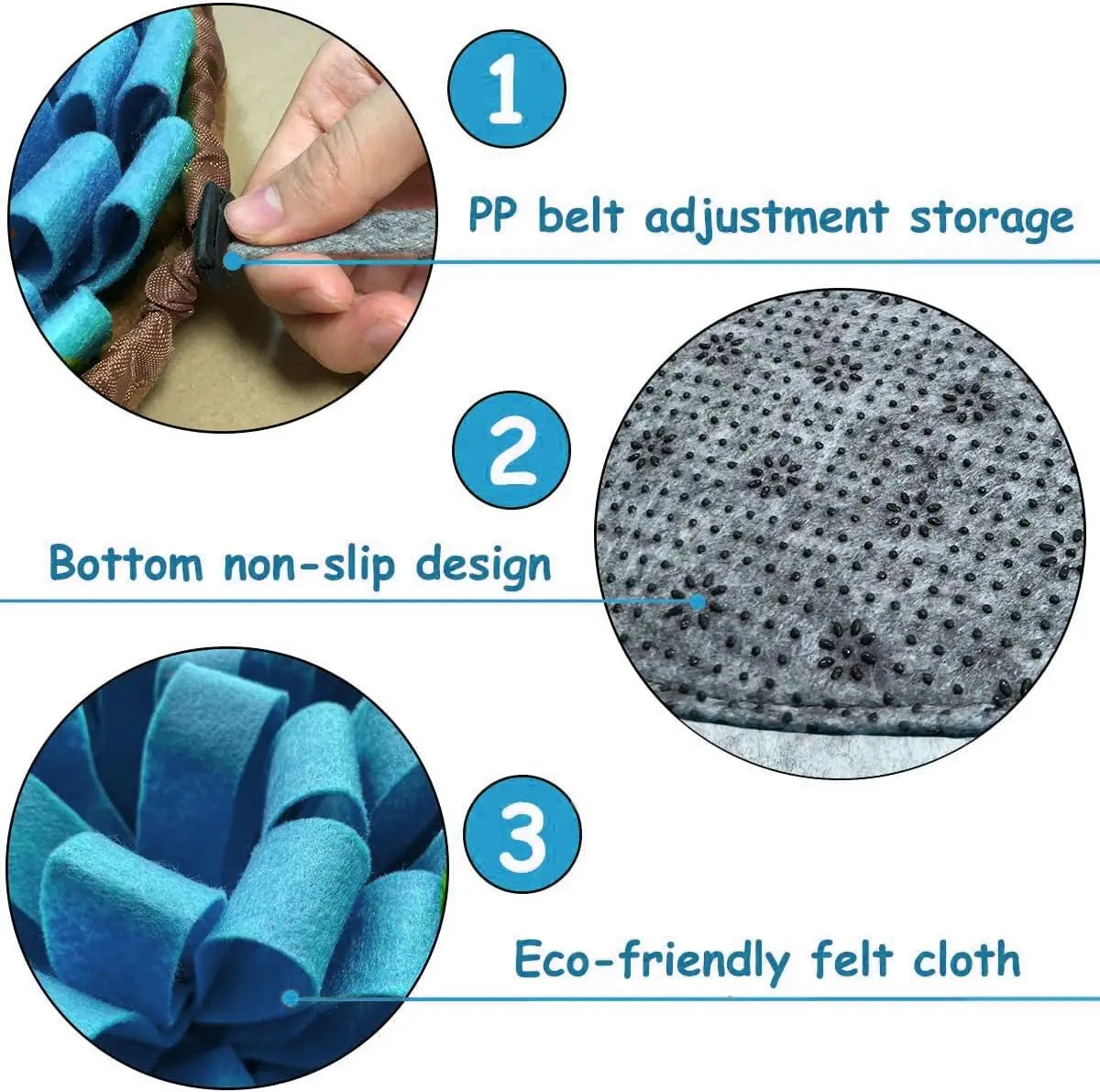 Snuffle mat details: drawstring, non-slip bottom, felt cloth