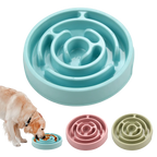 Round maze slow feeder bowl in blue, pink and green with a dog eating from it