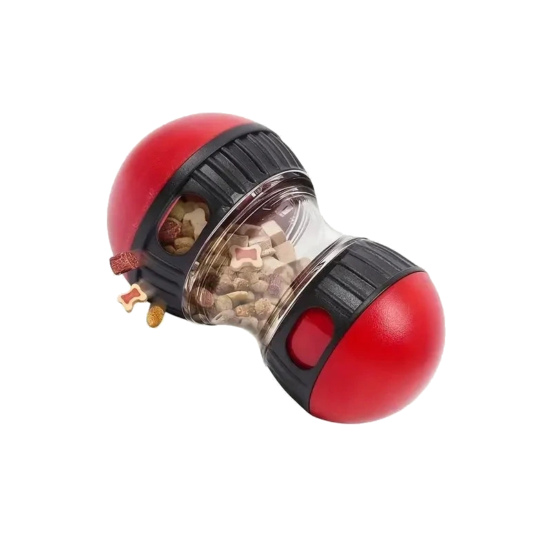 Red and black wobble treat dispenser